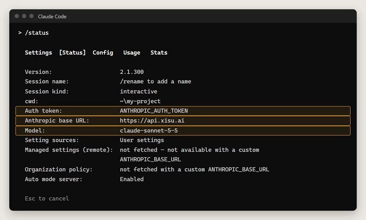 /status showing the address and model