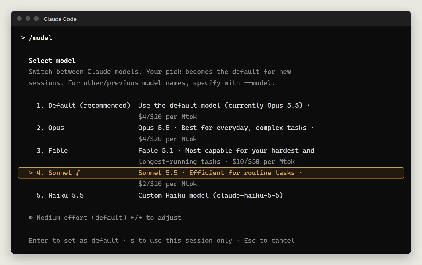 The /model menu