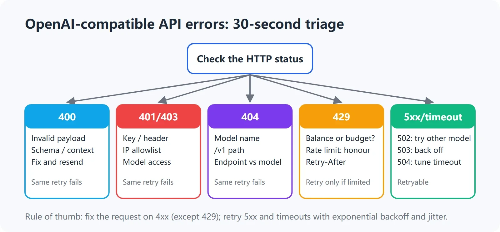 OpenAI-compatible API errors: 30-second triage