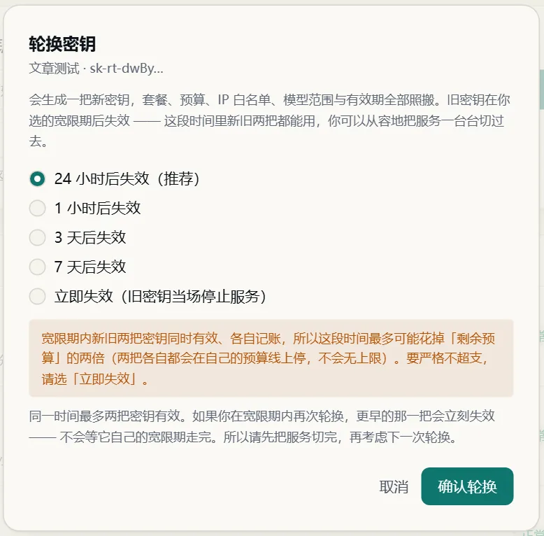 The Rotate key dialog with grace period options
