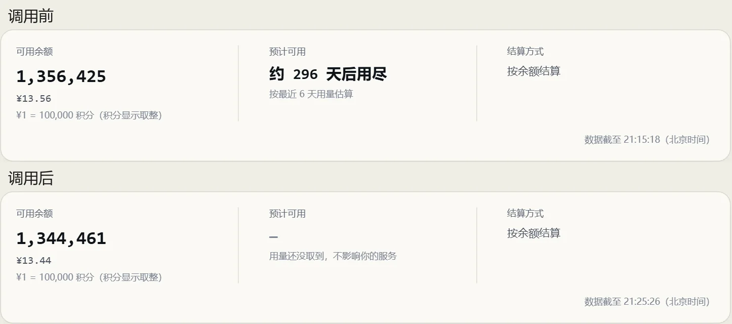 Available balance on the wallet page before and after the test calls